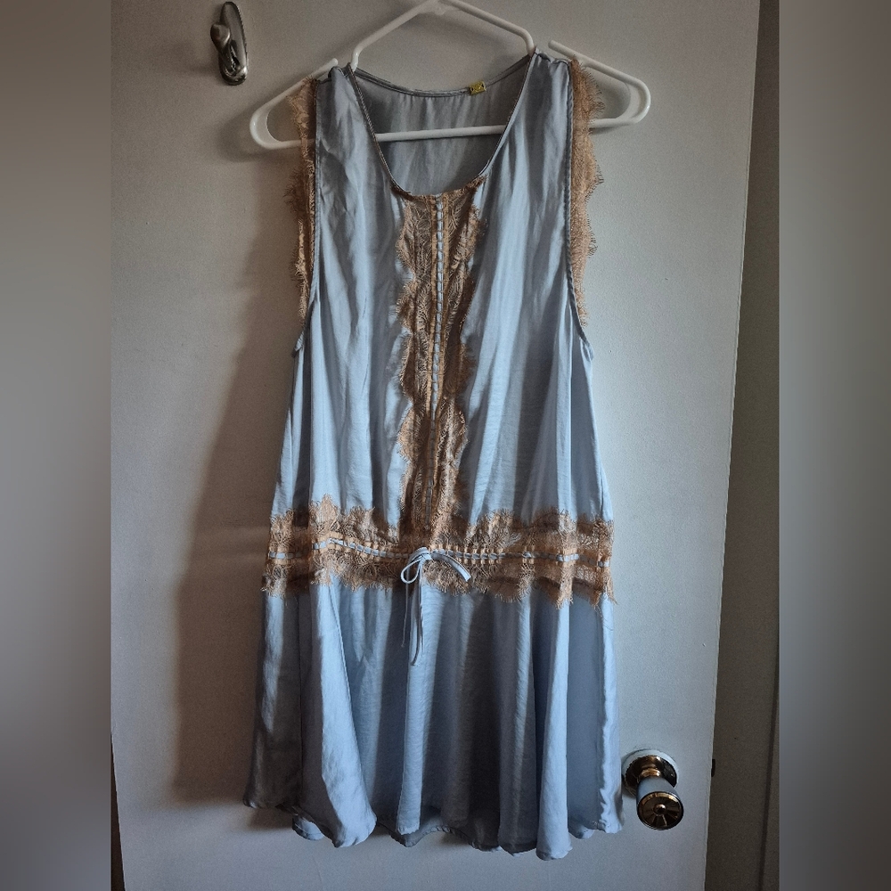 Blue Sleeveless Dress with Lace Trim